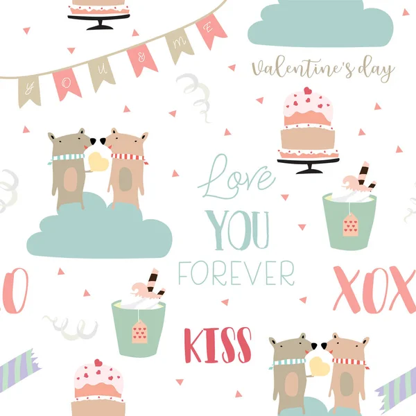 Valentine's day pattern collection with bear,cake and dessert — Stock Vector