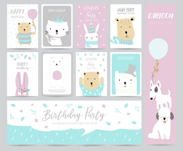 Azul rosa cartão de saudação pastel com coelho, urso, gato e cão — Vetor de Stock