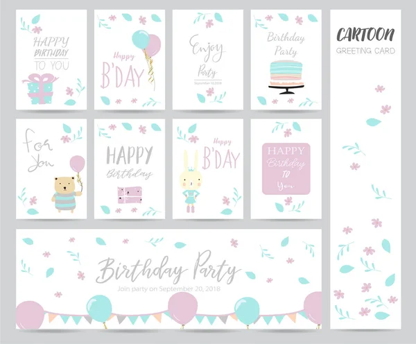 Azul-de-rosa cartão de felicitações pastel com bolo, urso, flor e presente — Vetor de Stock