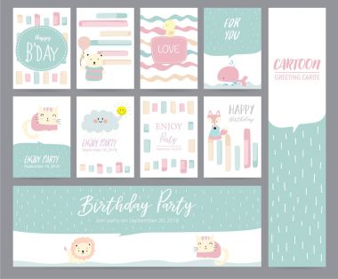 Kedi, tavşan, ördek, balina, fox, c ile yeşil pembe pastel tebrik kartı