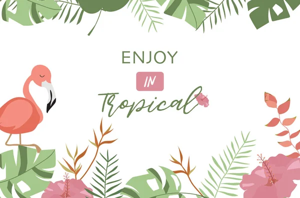 Gröna tropiska gratulationskort med palm, kokosnöt träd, hibiskus, fl — Stock vektor