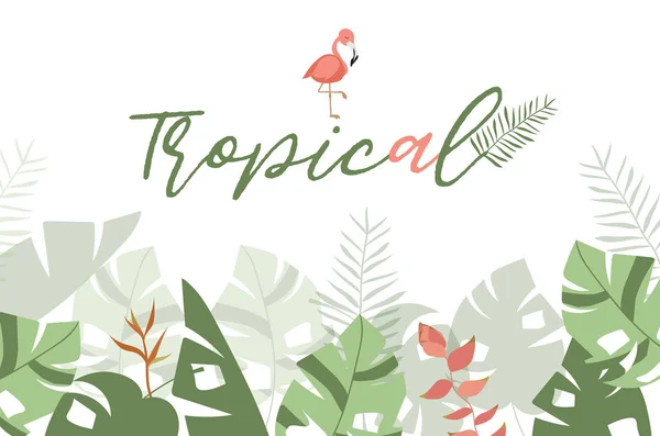 Tarjeta de felicitación tropical verde con palmera, cocotero, hibisco, fl — Vector de stock