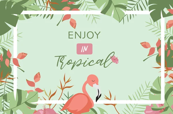 Gröna tropiska gratulationskort med palm, kokosnöt träd, hibiskus, fl — Stock vektor