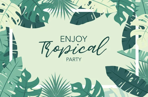 Tarjeta de felicitación tropical verde con palmera, cocotero, hibisco y — Vector de stock