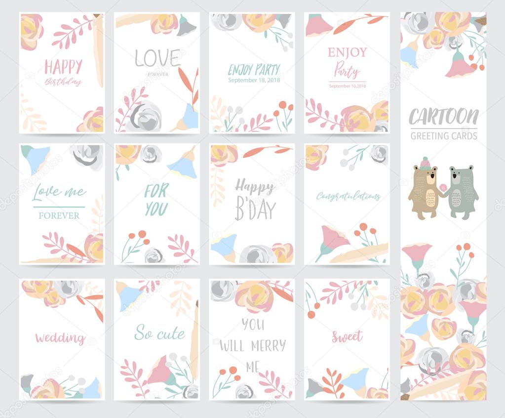 Colorful greeting card with bear,flower,leaf and plant