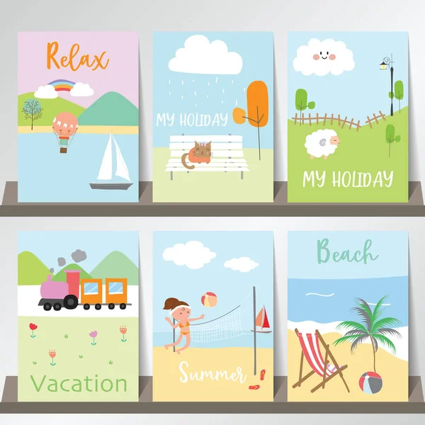 Reisegrüßkarte mit Meer, Himmel, Schiff, Ballon, Regenbogen, Strand, sie — Stockvektor