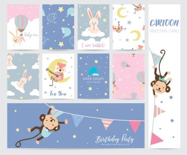 Pembe mavi pastel tebrik kartı ile balon, tavşan, tilki, maymun, m