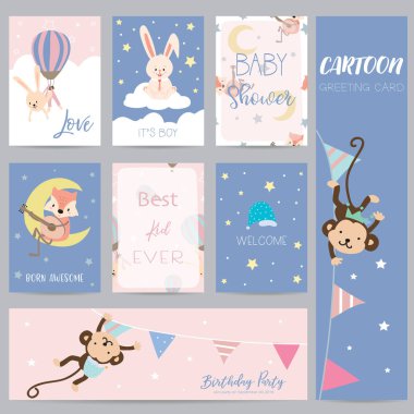 Pembe mavi pastel tebrik kartı ile balon, tavşan, tilki, maymun, m