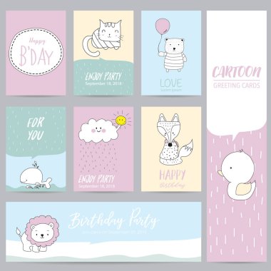 Balon, ayı, fox, kedi, bulut ile pembe mavi pastel tebrik kartı 