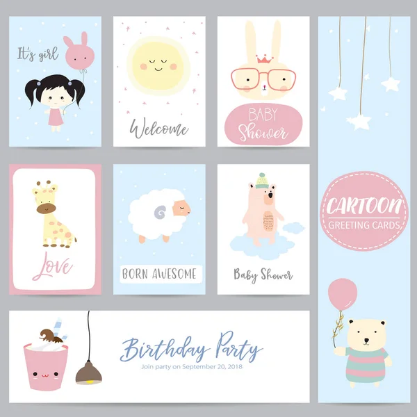 Cartão de saudação azul-rosa pastel com balão, girafa, menina, ovelha, b — Vetor de Stock