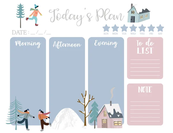 Cute today plan background with house,snow,people,tree.Vector il — Stock Vector