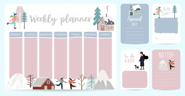 Lindo fondo de planificador semanal con casa, nieve, gente, árbol.Vecto — Archivo Imágenes Vectoriales