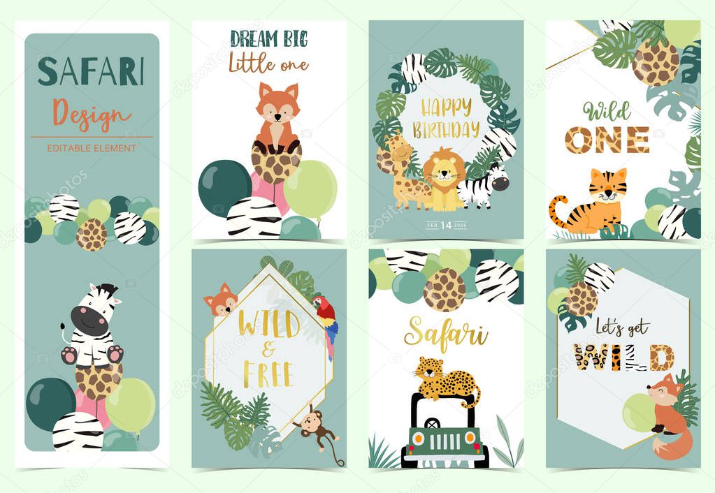 Collection of safari background set with giraffe,balloon,zebra,leopard.Vector illustration for birthday invitation,postcard and sticker.Wording include wild and free.Editable element
