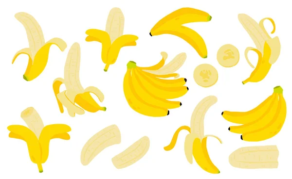 Cute banana fruit object collection.Whole, cut in half, sliced o — Stock Vector