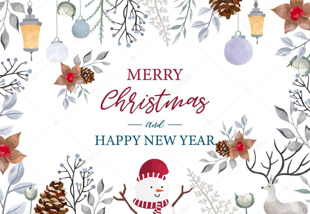 Christmas background set with holly leaves,reindeer,snowman.Editable vector illustration for New year invitation,postcard and website banner