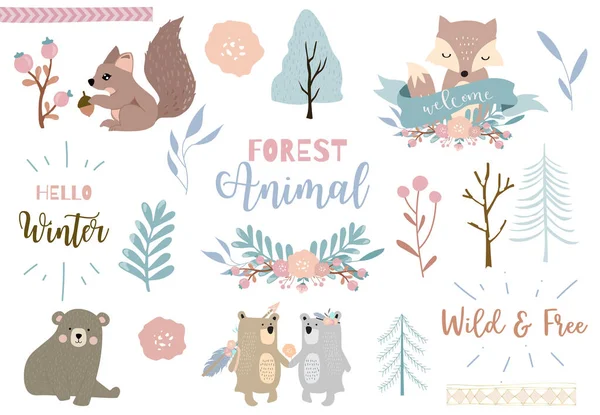 Ensemble d'hiver avec ours, renard, écureuil illustration pour autocollant, postc — Image vectorielle