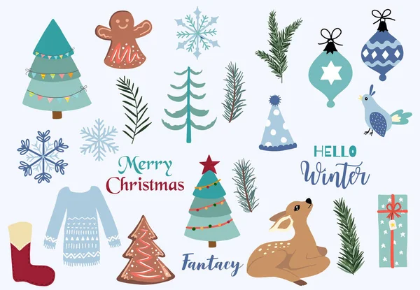 Collection d'objets de Noël avec rennes, pull, oiseau.Vector il — Image vectorielle