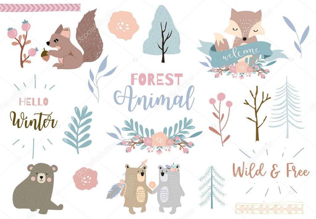 Winter set with bear,fox,squirrel illustration for sticker,postcard,background,christmas invitation