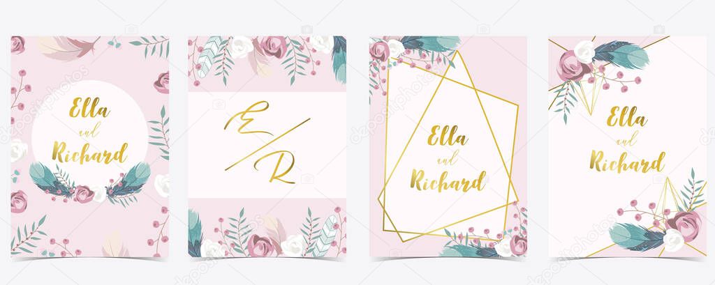 Pink white gold geometry wedding invitation with rose,flower,hea