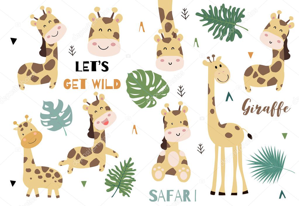 Cute animal object collection with giraffe and leaves.Vector illustration for icon,logo,sticker,printable.Include wording let's get wild