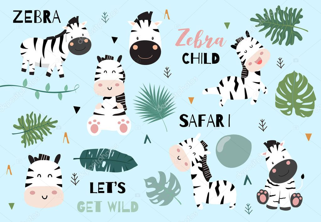 Cute animal object collection with zebra and leaves.Vector illus
