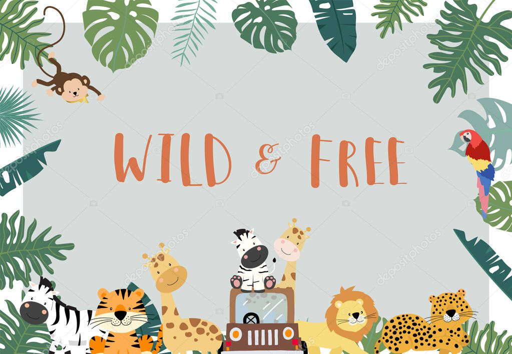 Green,gold collection of safari background set with lion,monkey,giraffe,zebra.vector illustration for birthday invitation,postcard,logo and sticker.Wording include wild and free
