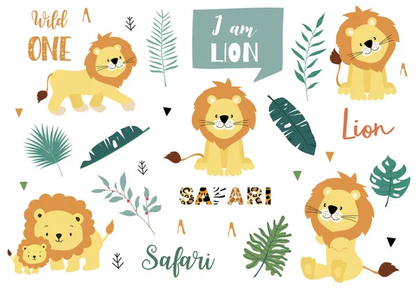Carino collezione di oggetti animali con leone e foglie. — Vettoriale Stock