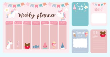 tek boynuzlu at ile sevimli haftalık planlayıcı arka plan, gökkuşağı, dondurma, cl