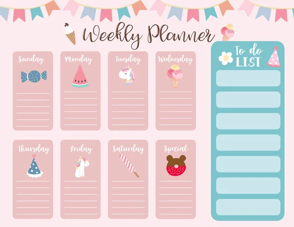 Cute weekly planner background with unicorn,rainbow,ice cream,cl — Stock Vector