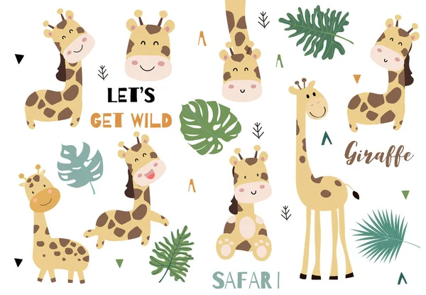 Graziosa collezione di oggetti animali con giraffa e foglie. — Vettoriale Stock