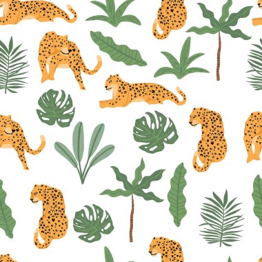 Safari arka planı leopar, palmiye, yaprak. Vektör çizim denizi.