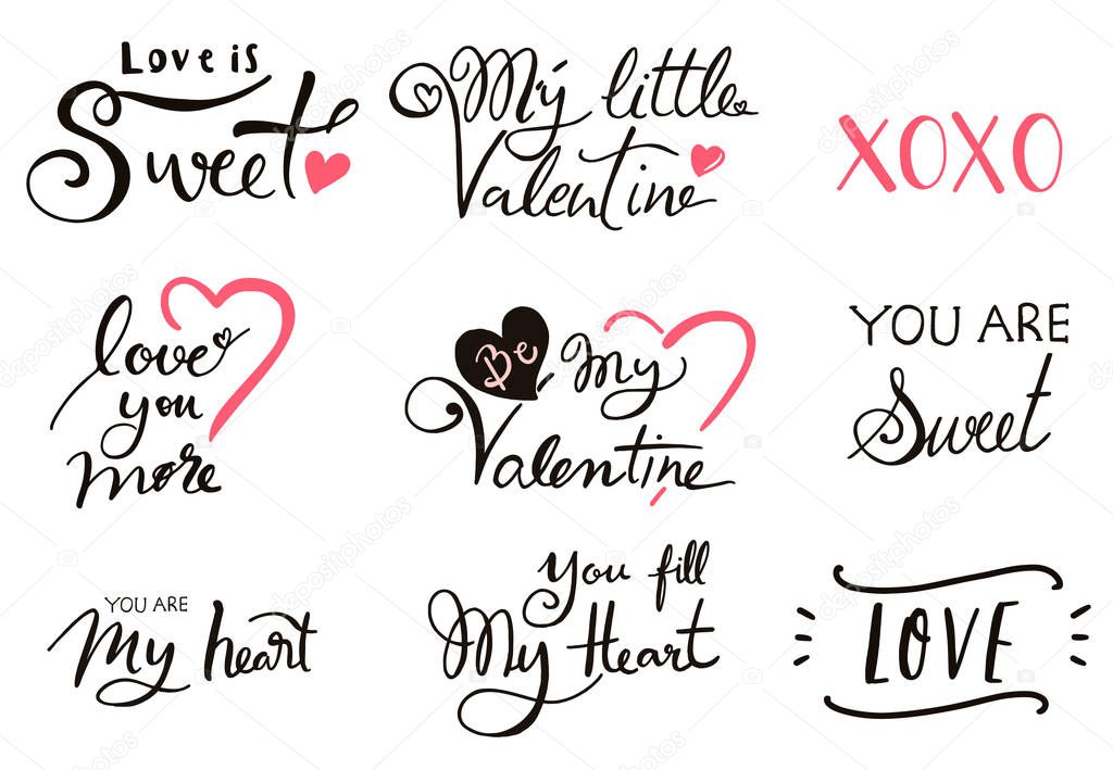 Happy Valentines Day typography background with heart The wording are my little valentine, you are sweet,love you more,xoxo
