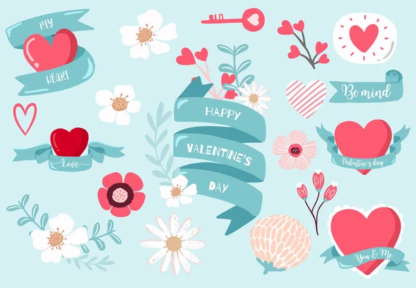 Cute object valentine collection with flower,key,ribbon.Vector i — 스톡 벡터