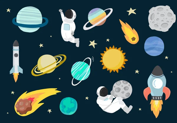 Colección espacial de objetos de dibujos animados con planeta, astronauta, luna, sol.V — Vector de stock