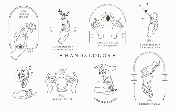 Schoonheid boho logo collectie met de hand, roos, kristal, maan, oog, sta — Stockvector