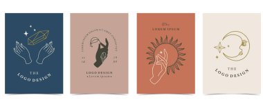 El, kristal, ay ve güneşe ayarlanmış okült arka plan koleksiyonu.