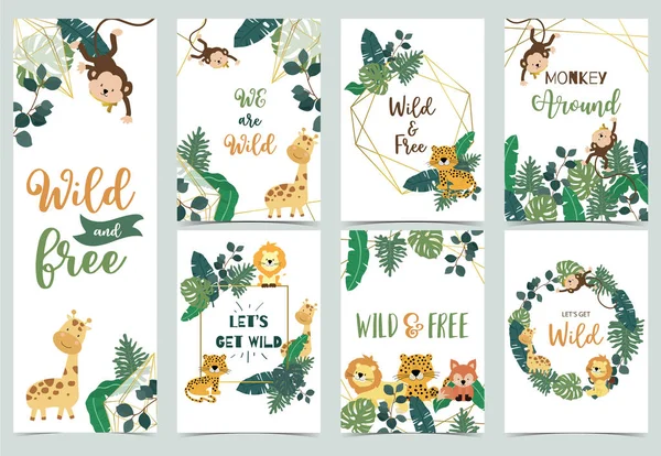 Collection of safari background set with giraffe,leopard,monkey, — 스톡 벡터