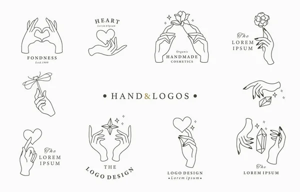 Schoonheid occulte logo collectie met de hand, roos, kristal, hart, slepen — Stockvector