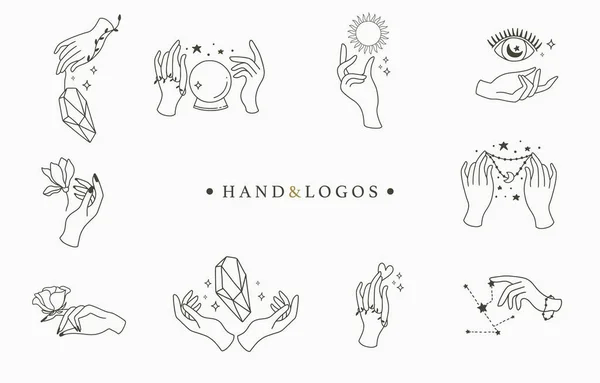 Collection de logo occulte beauté avec main, rose, cristal, lune, oeil, s — Image vectorielle