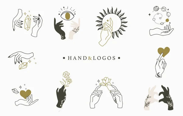 Collection de logo occulte beauté avec main, rose, cristal, coeur, oeil , — Image vectorielle