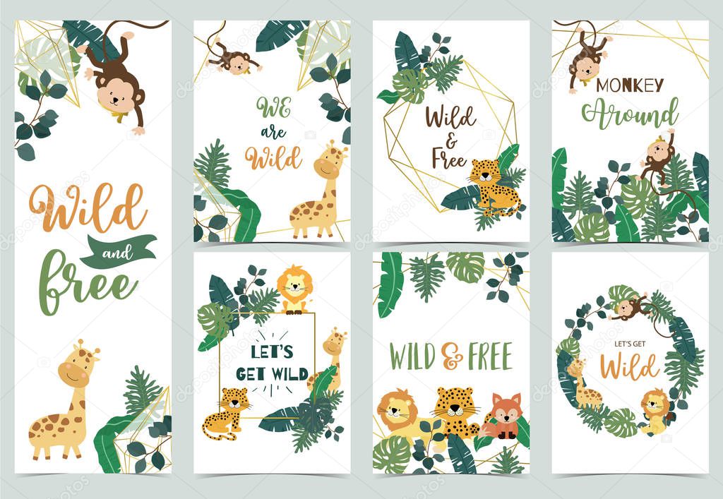 Collection of safari background set with giraffe,leopard,monkey,lion.Editable vector illustration for birthday invitation,postcard and sticker.Wording include wild and free