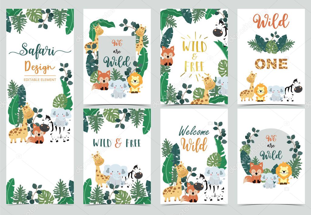 Collection of safari background set with giraffe,zebra,fox,lion.Editable vector illustration for birthday invitation,postcard and sticker.Wording include wild and free