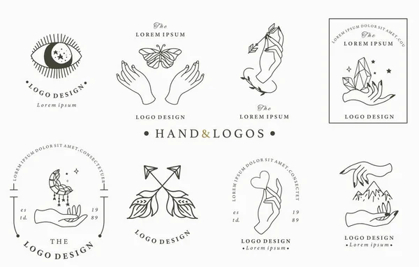 Schoonheid occulte logo collectie met de hand, vlinder, kristal, maan, — Stockvector