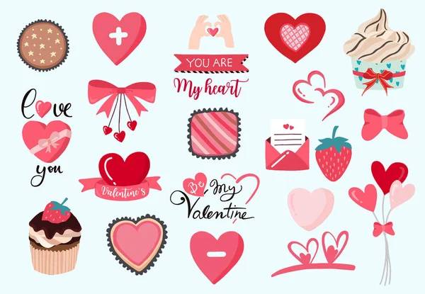 Leuke object valentijn collectie met chocolade, aardbei, cupca — Stockvector