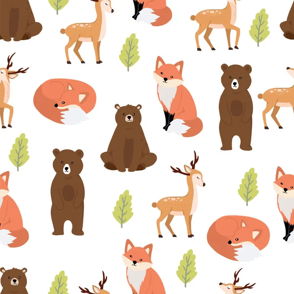 Cute woodland background with bear,fox.Vector illustration seaml — 스톡 벡터