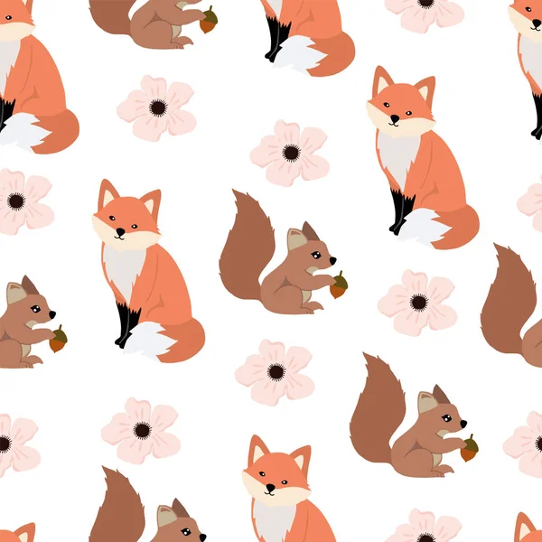 Cute woodland background with squirrel,fox.Vector illustration s — 스톡 벡터