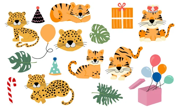 Linda colección de objetos animales con leopardo, tigre. ilustración f — Vector de stock