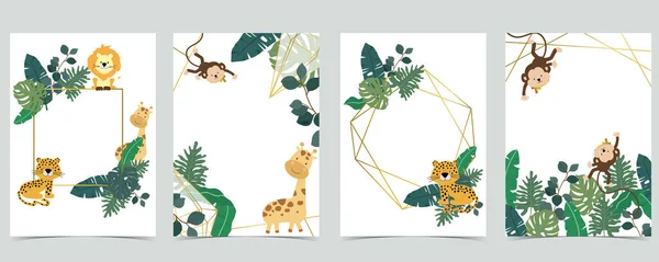 Colección verde de marco de selva con hoja, hojas, leopardo, li — Vector de stock