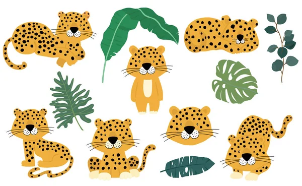 Mignonne collection d'objets animaux avec léopard, tigre. illustration f — Image vectorielle