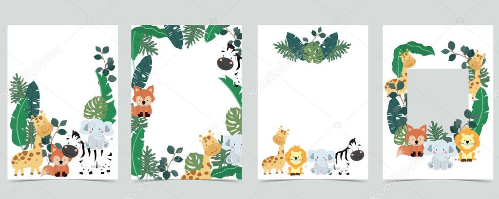 Green collection of jungle frame set with leaf,leaves,fox,lion,giraffe vector illustration for birthday invitation,postcard,logo and sticker